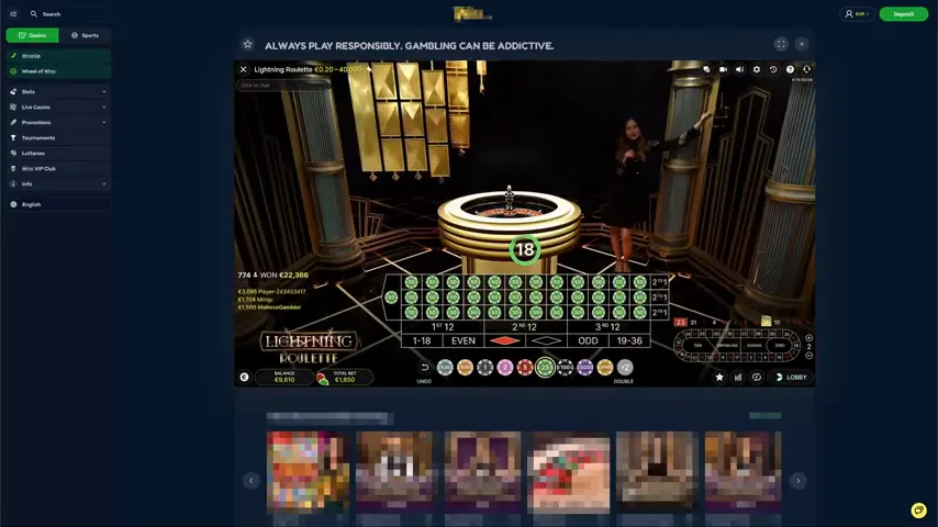 Lightning Roulette — partida en directo